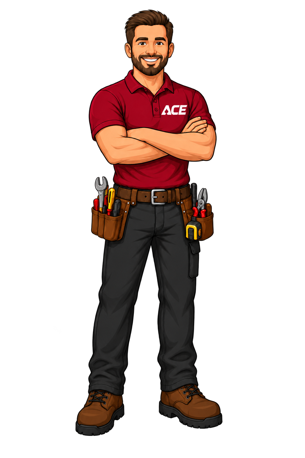 Ace, the Ace Garage Door Service host technician, in a dark red Ace uniform