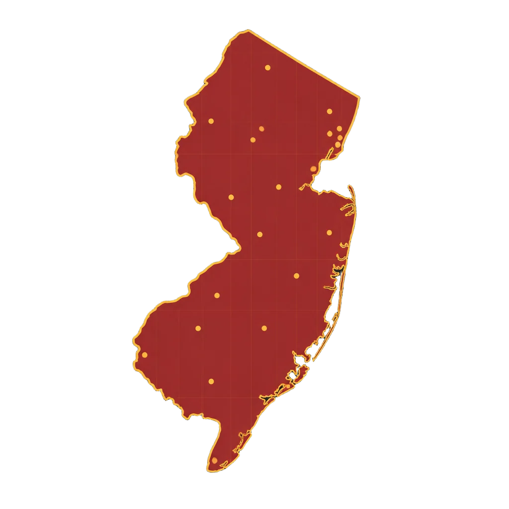 Map of New Jersey with a pin on every county Ace Garage Door Service serves